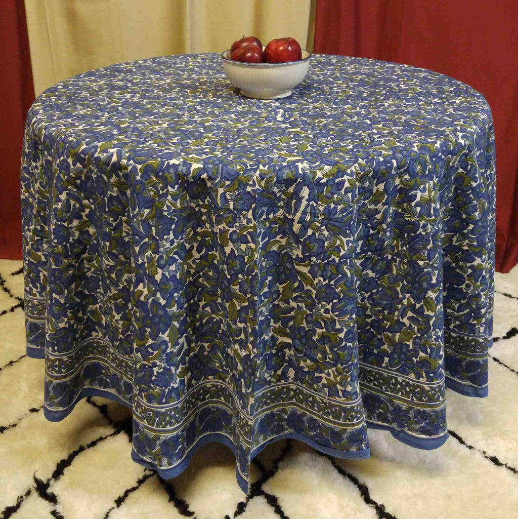Cotton Floral 88 inches Round Tablecloth Blue Olive Green Roundy Beach Sheet - Sweet Us