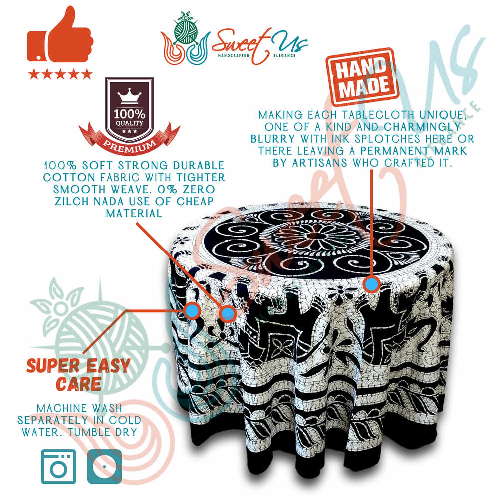 Elephant Batik Cotton Tablecloth Round 90 inches Gold Blue Black Wine Red