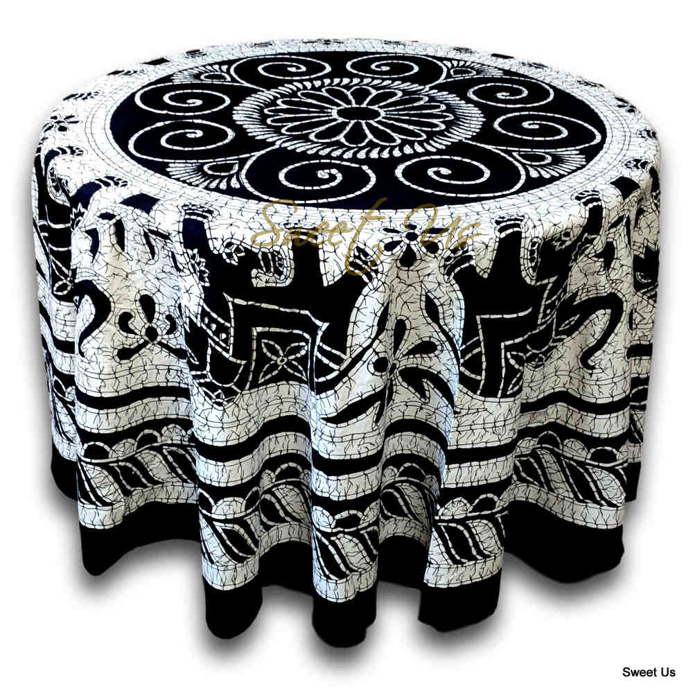 Elephant Batik Cotton Tablecloth Round 90 inches Gold Blue Black Wine Red