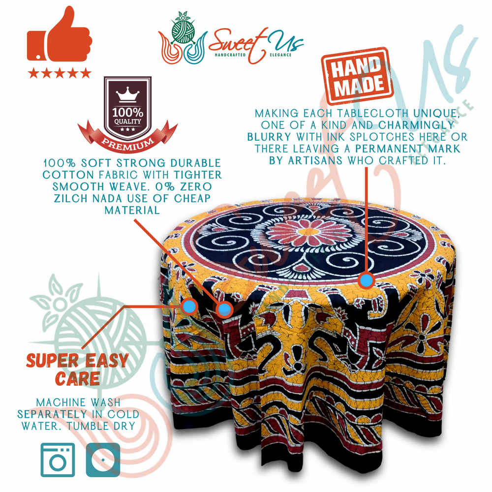 Elephant Batik Cotton Tablecloth Round 90 inches Gold Blue Black Wine Red