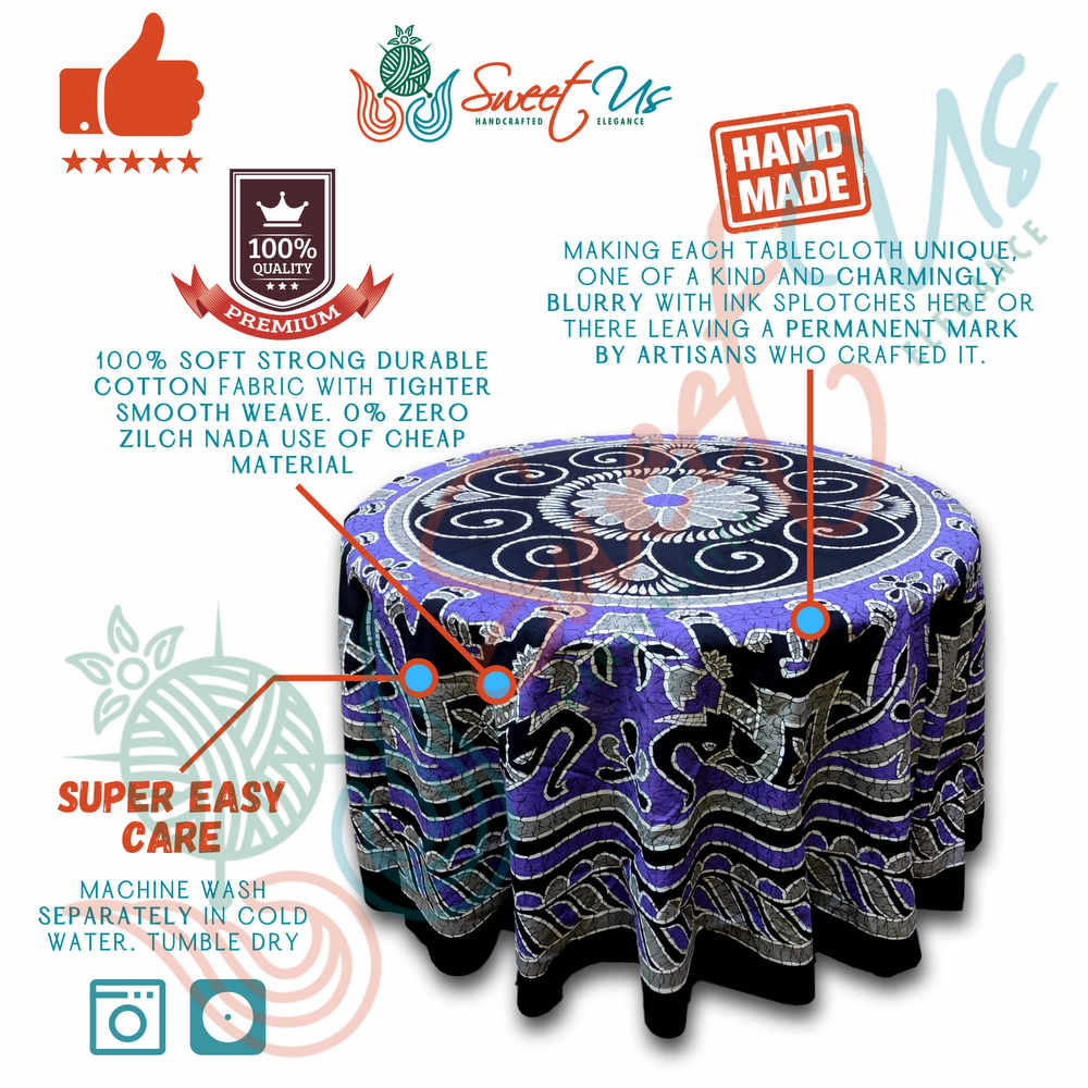 Elephant Batik Cotton Tablecloth Round 90 inches Gold Blue Black Wine Red