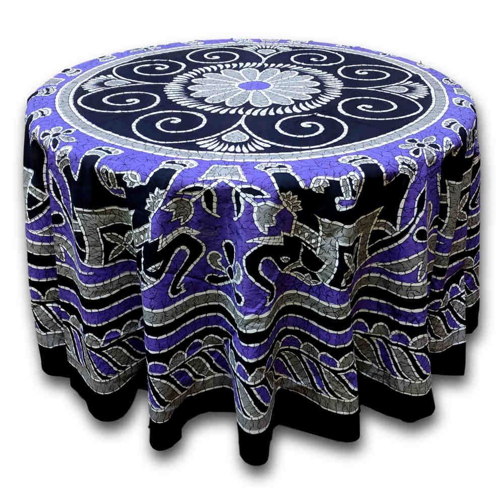 Elephant Batik Cotton Tablecloth Round 90 inches Gold Blue Black Wine Red - Sweet Us