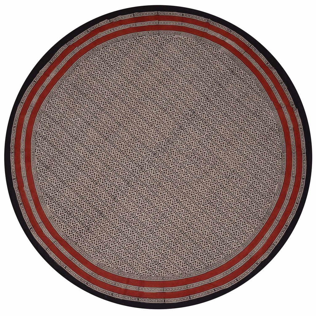 Handmade 100% Cotton Hand Block Print Dabu 90 inches Round Tablecloth Brick Red Beige Tan Black - Sweet Us