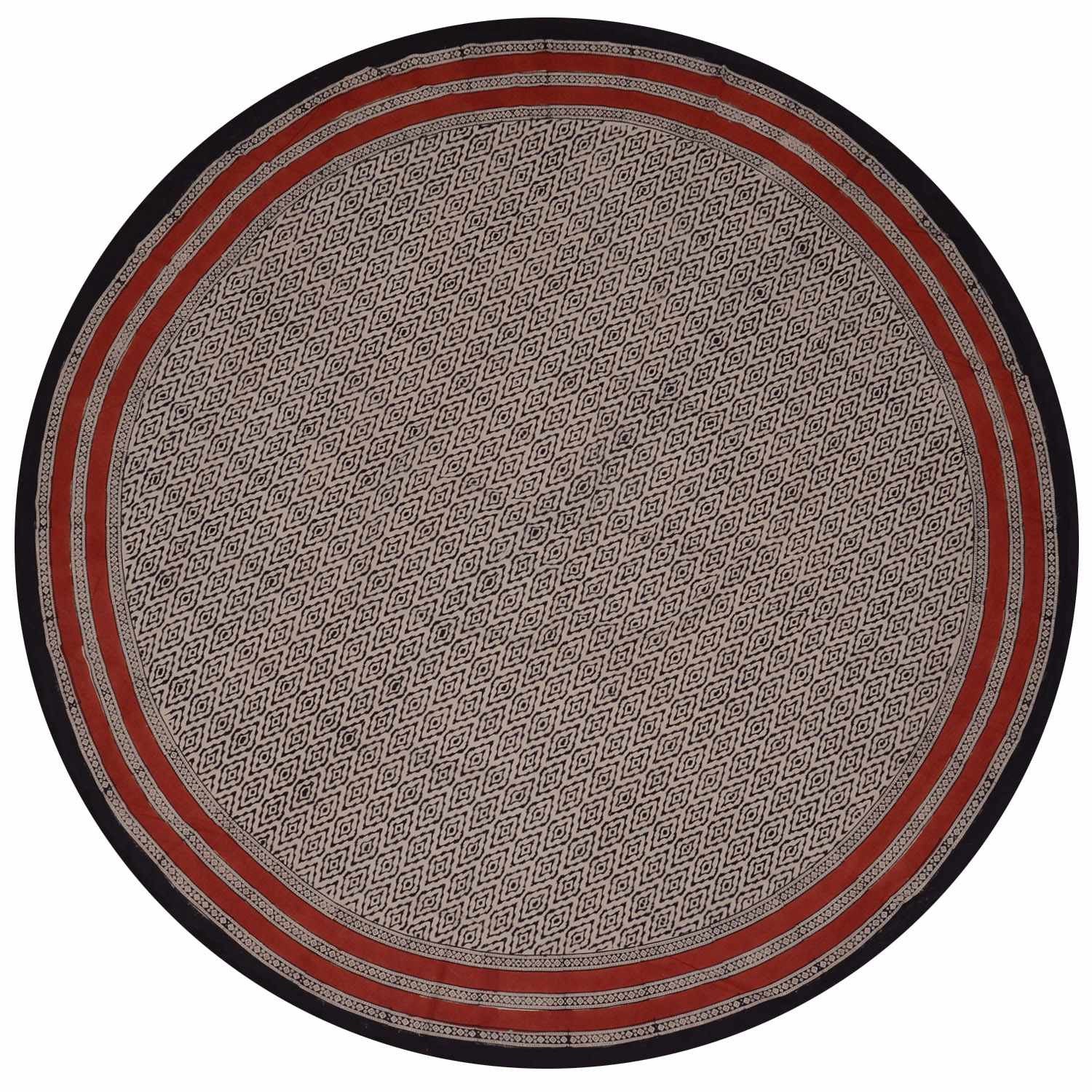 Handmade 100% Cotton Hand Block Print Dabu 90 inches Round Tablecloth Brick Red Beige Tan Black - Sweet Us