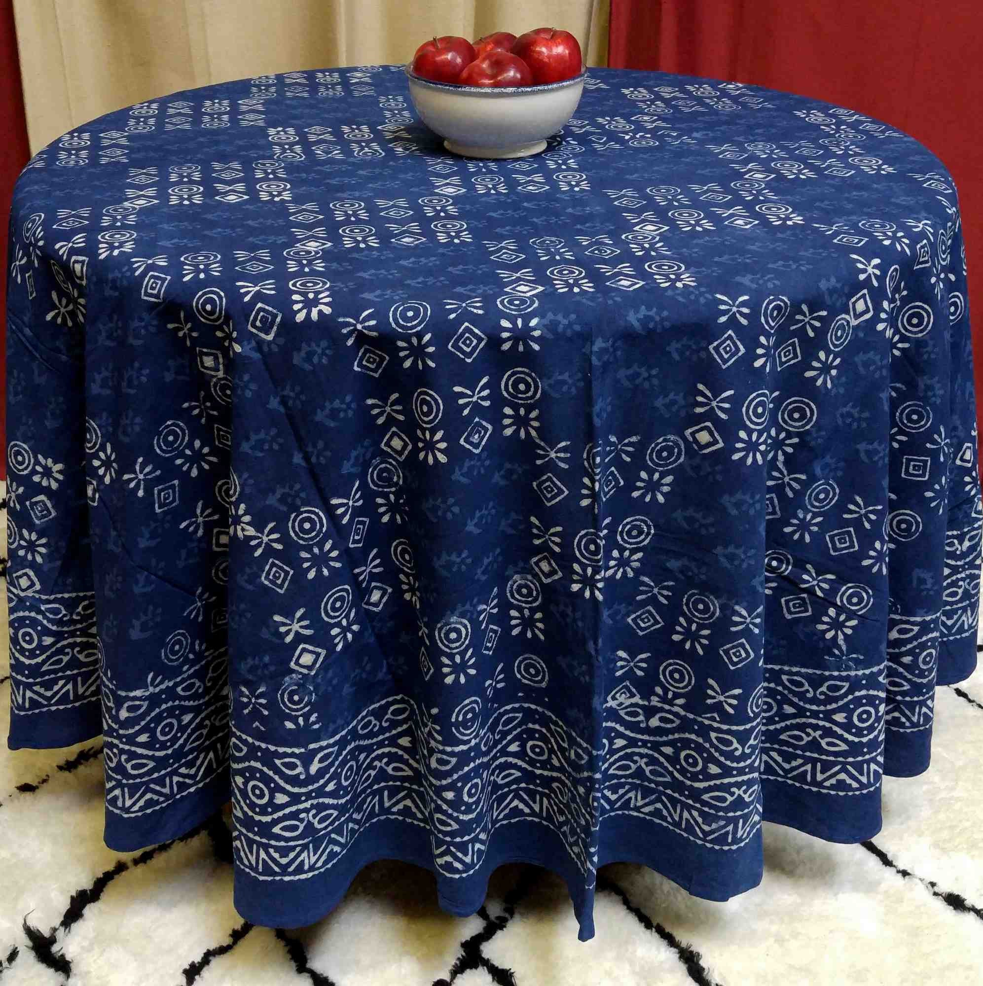 Cotton Hand Block Print Round Tablecloth Square Dabu Indigo Blue Black - Sweet Us