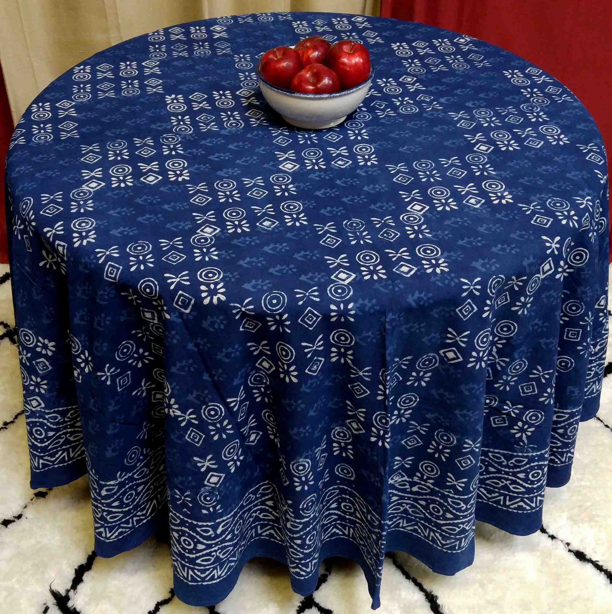 Cotton Hand Block Print Round Tablecloth Square Dabu Indigo Blue Black - Sweet Us
