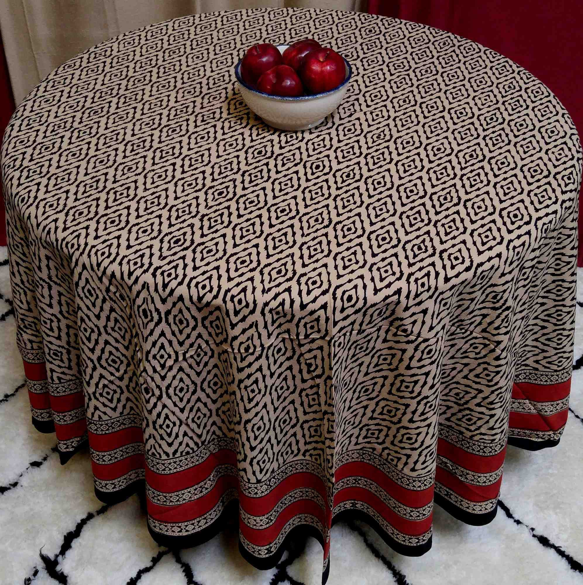 Handmade 100% Cotton Hand Block Print Dabu 90 inches Round Tablecloth Brick Red Beige Tan Black - Sweet Us