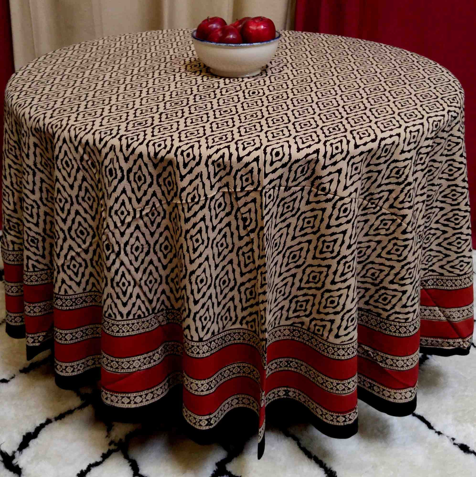 Handmade 100% Cotton Hand Block Print Dabu 90 inches Round Tablecloth Brick Red Beige Tan Black - Sweet Us