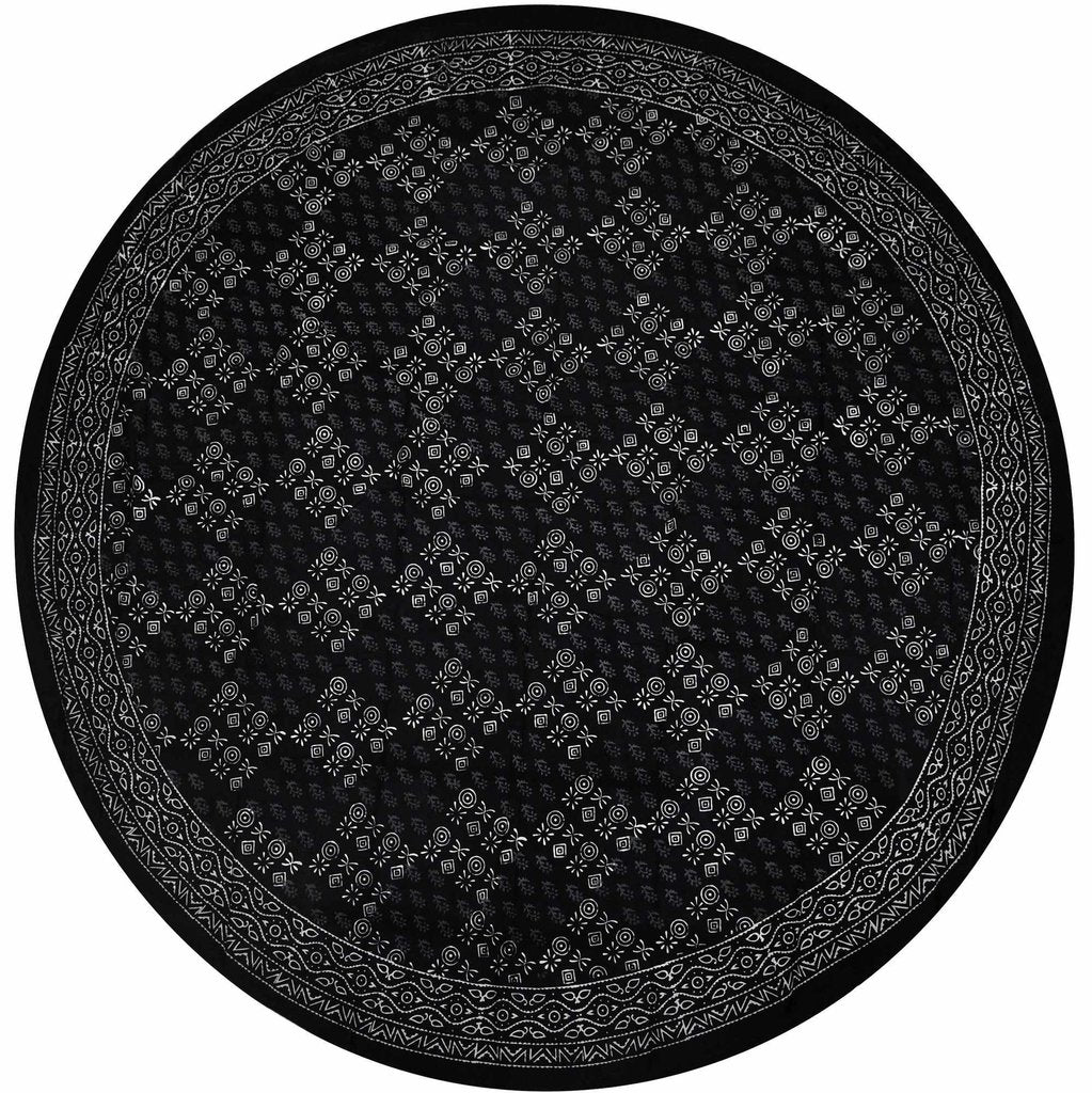 Cotton Hand Block Print Round Tablecloth Square Dabu Indigo Blue Black - Sweet Us