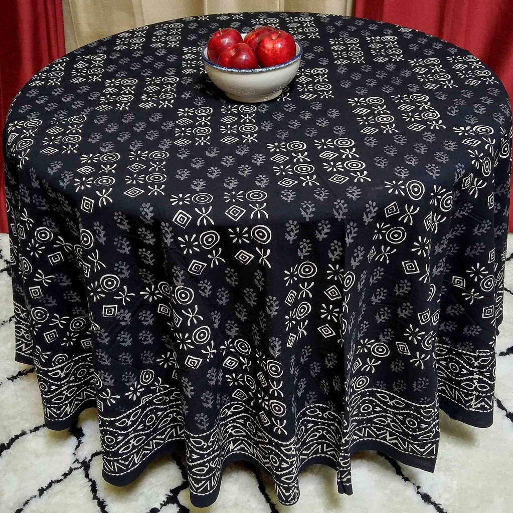 Cotton Hand Block Print Round Tablecloth Square Dabu Indigo Blue Black - Sweet Us