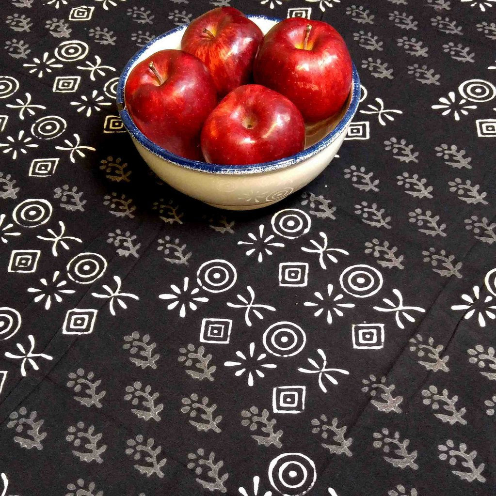 Cotton Hand Block Print Round Tablecloth Square Dabu Indigo Blue Black - Sweet Us