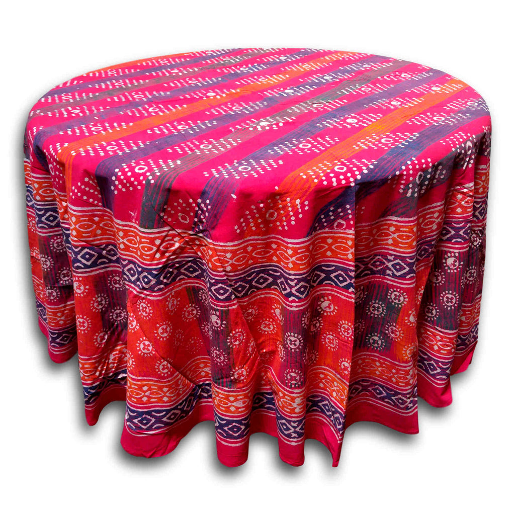 Handmade 100% Cotton Hand Block Print Dabu 90 inches Round Tablecloth Geometric Red Orange - Sweet Us