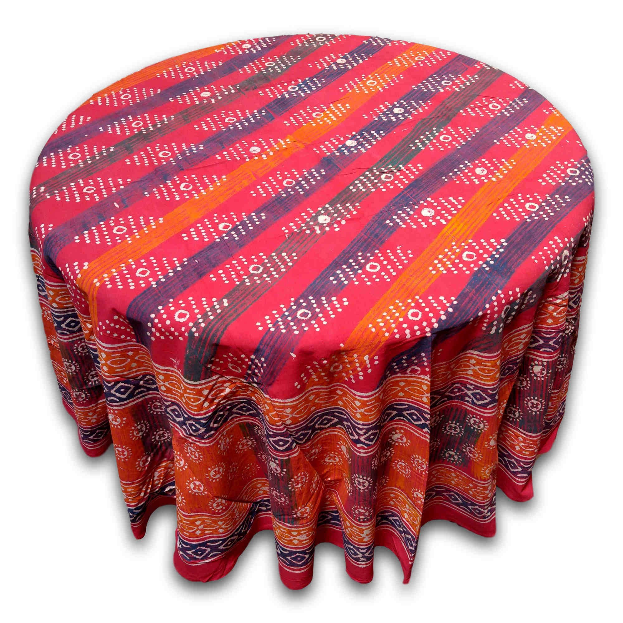 Handmade 100% Cotton Hand Block Print Dabu 90 inches Round Tablecloth Geometric Red Orange - Sweet Us