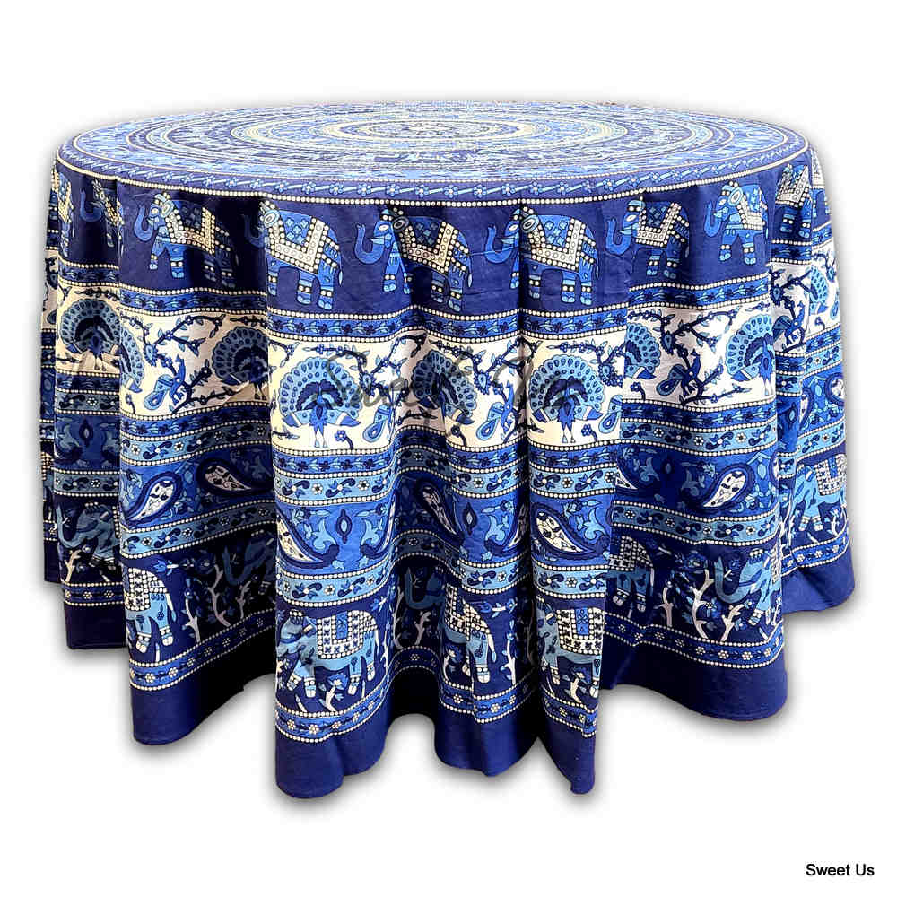Elephant Tablecloth Round Cotton Paisley Kitchen Dining Linen Blue White
