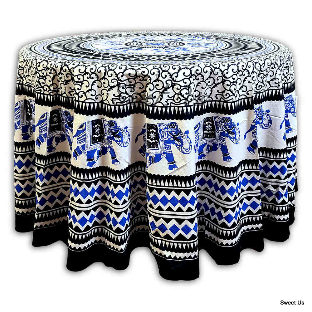 Elephant Tablecloth Round Cotton Geometric Kitchen Dining Linen Blue Black White