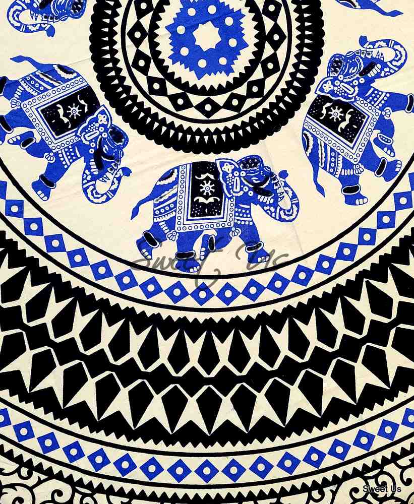 Elephant Tablecloth Round Cotton Geometric Kitchen Dining Linen Blue Black White