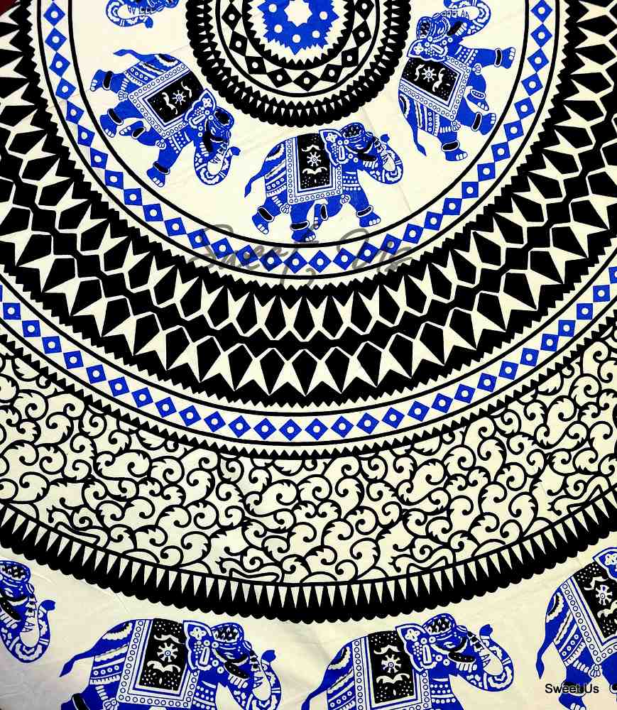 Elephant Tablecloth Round Cotton Geometric Kitchen Dining Linen Blue Black White