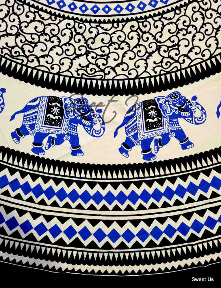 Elephant Tablecloth Round Cotton Geometric Kitchen Dining Linen Blue Black White