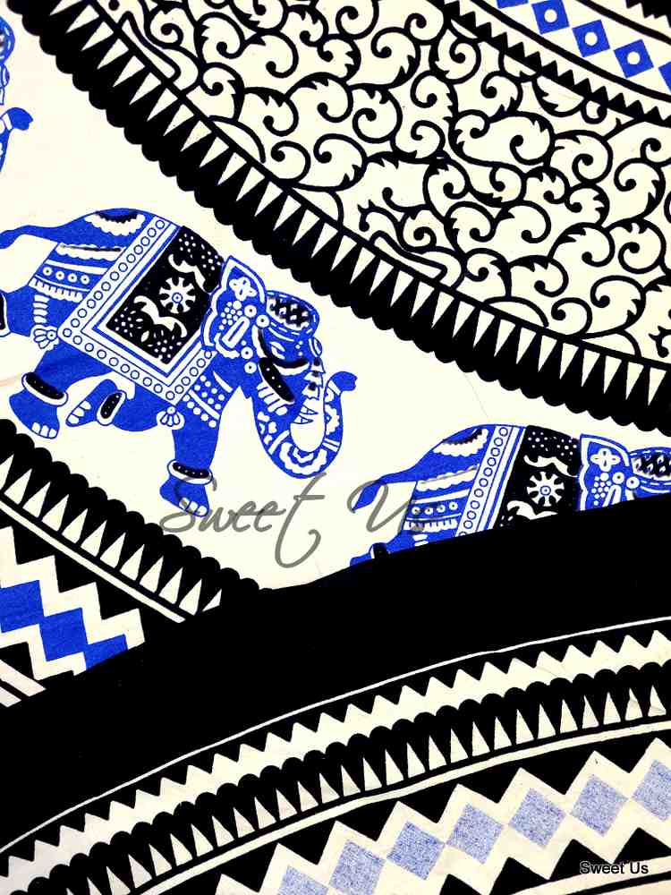 Elephant Tablecloth Round Cotton Geometric Kitchen Dining Linen Blue Black White