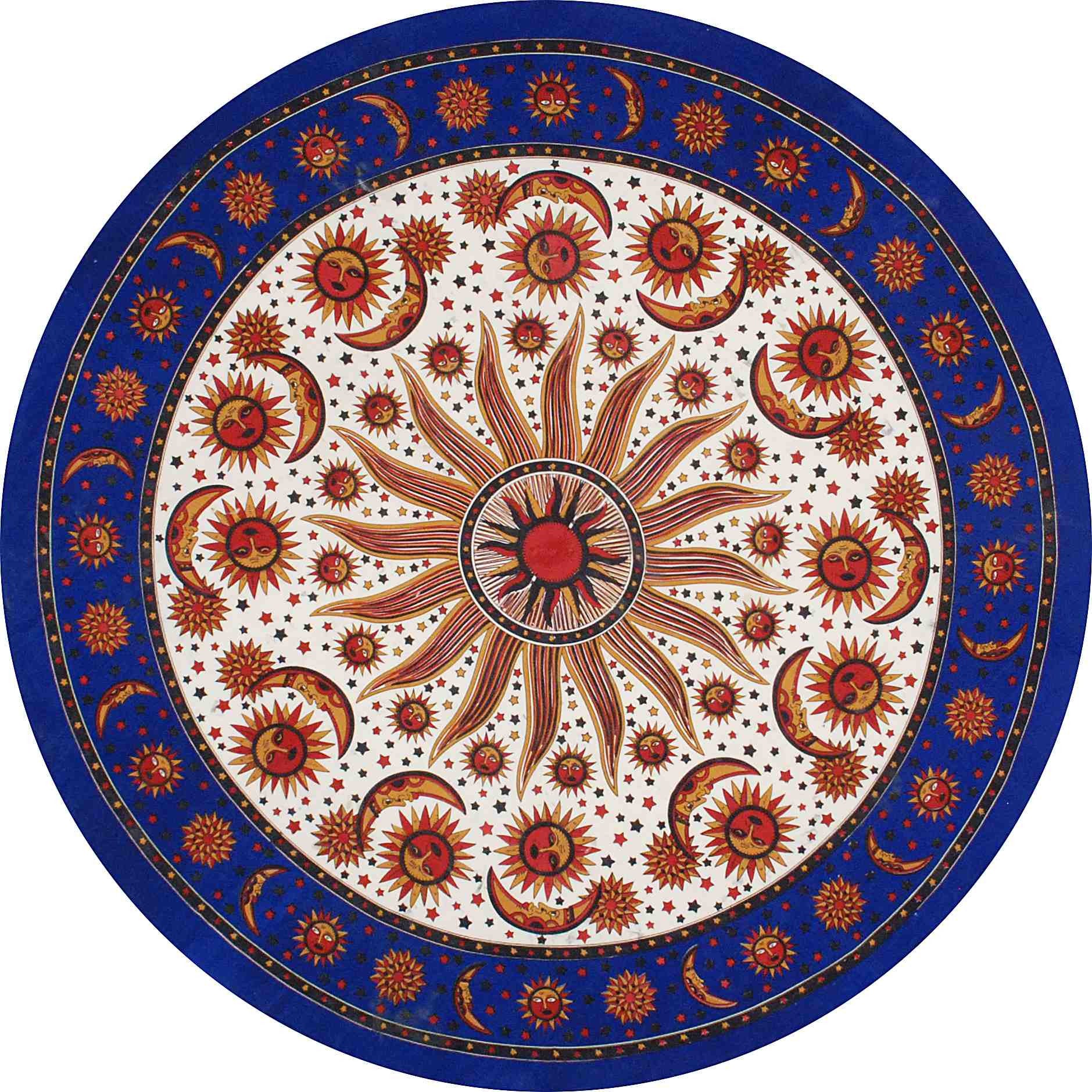 Cotton Celestial Sun Moon Star Print Tablecloth Round 72 Inch Blue Green - Sweet Us