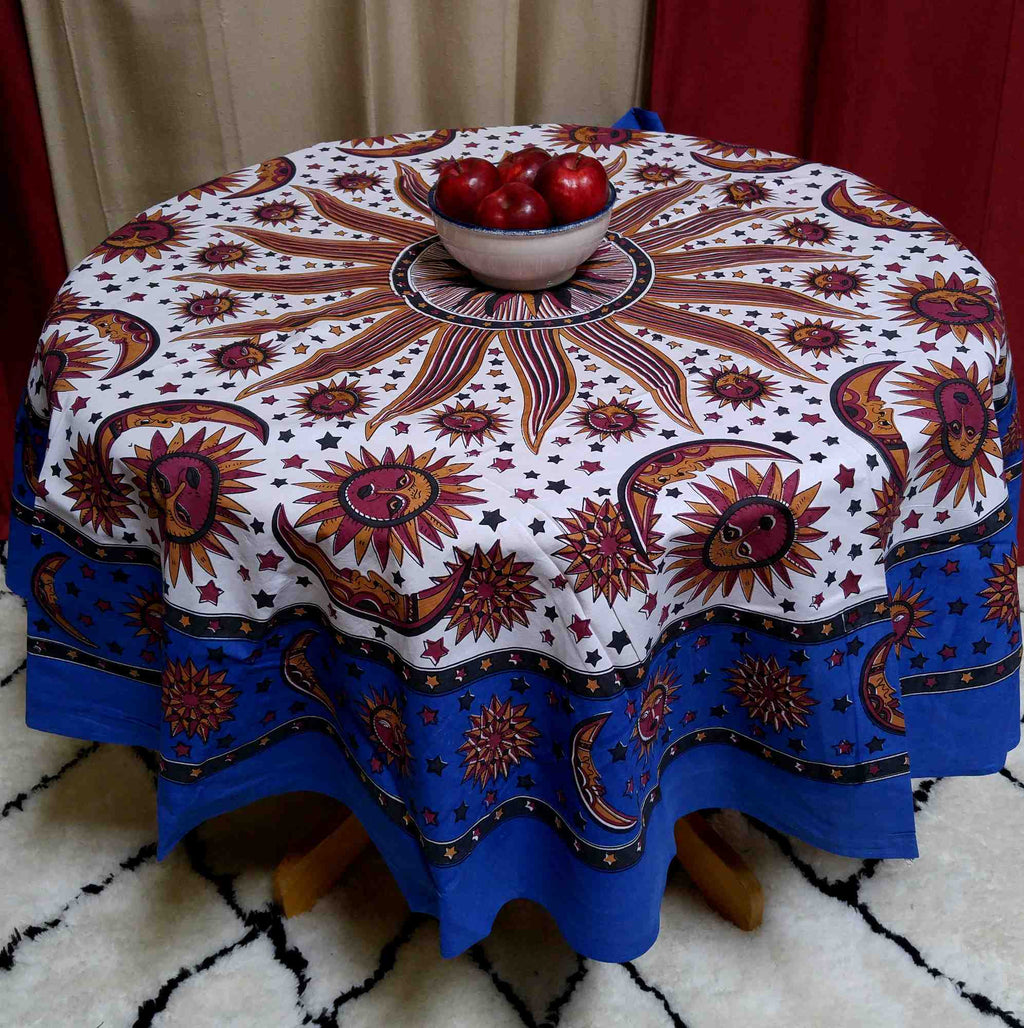 Cotton Celestial Sun Moon Star Print Tablecloth Round 72 Inch Blue Green - Sweet Us