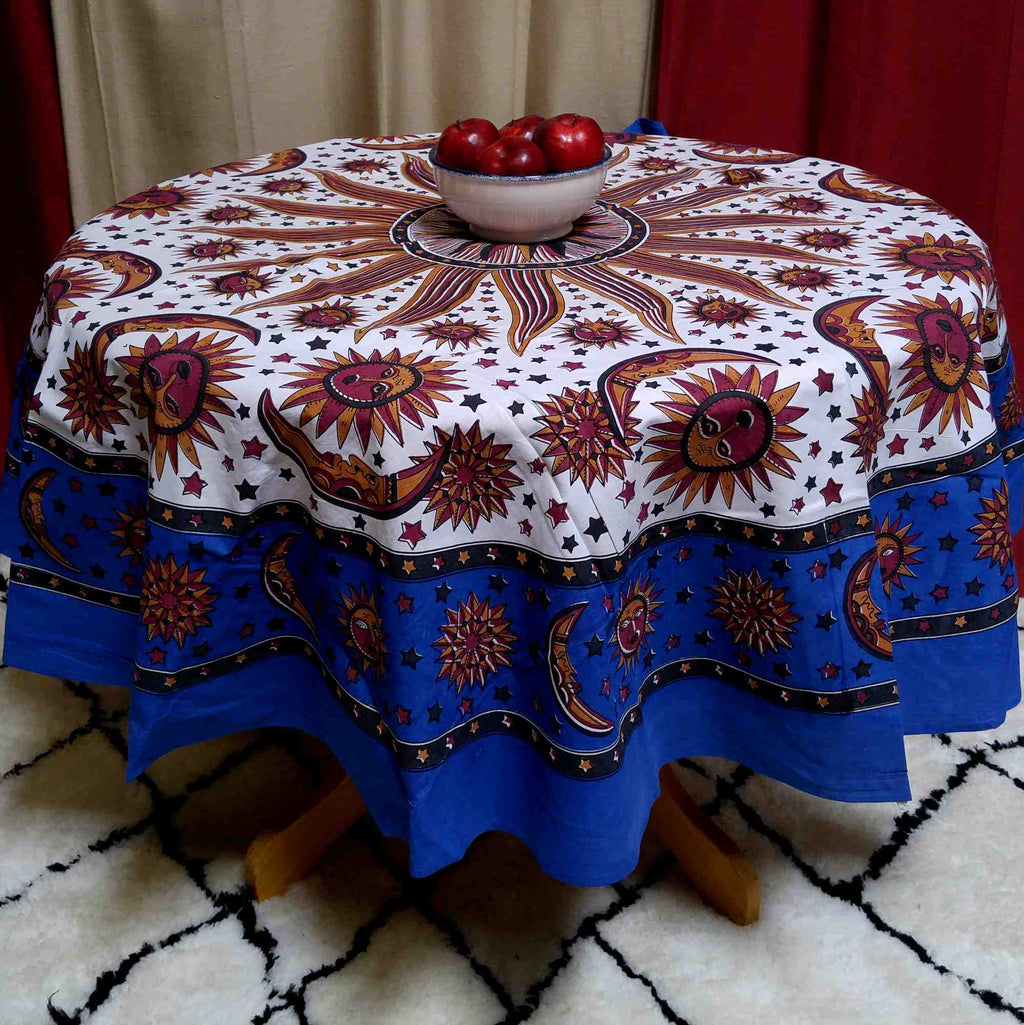 Cotton Celestial Sun Moon Star Print Tablecloth Round 72 Inch Blue Green - Sweet Us