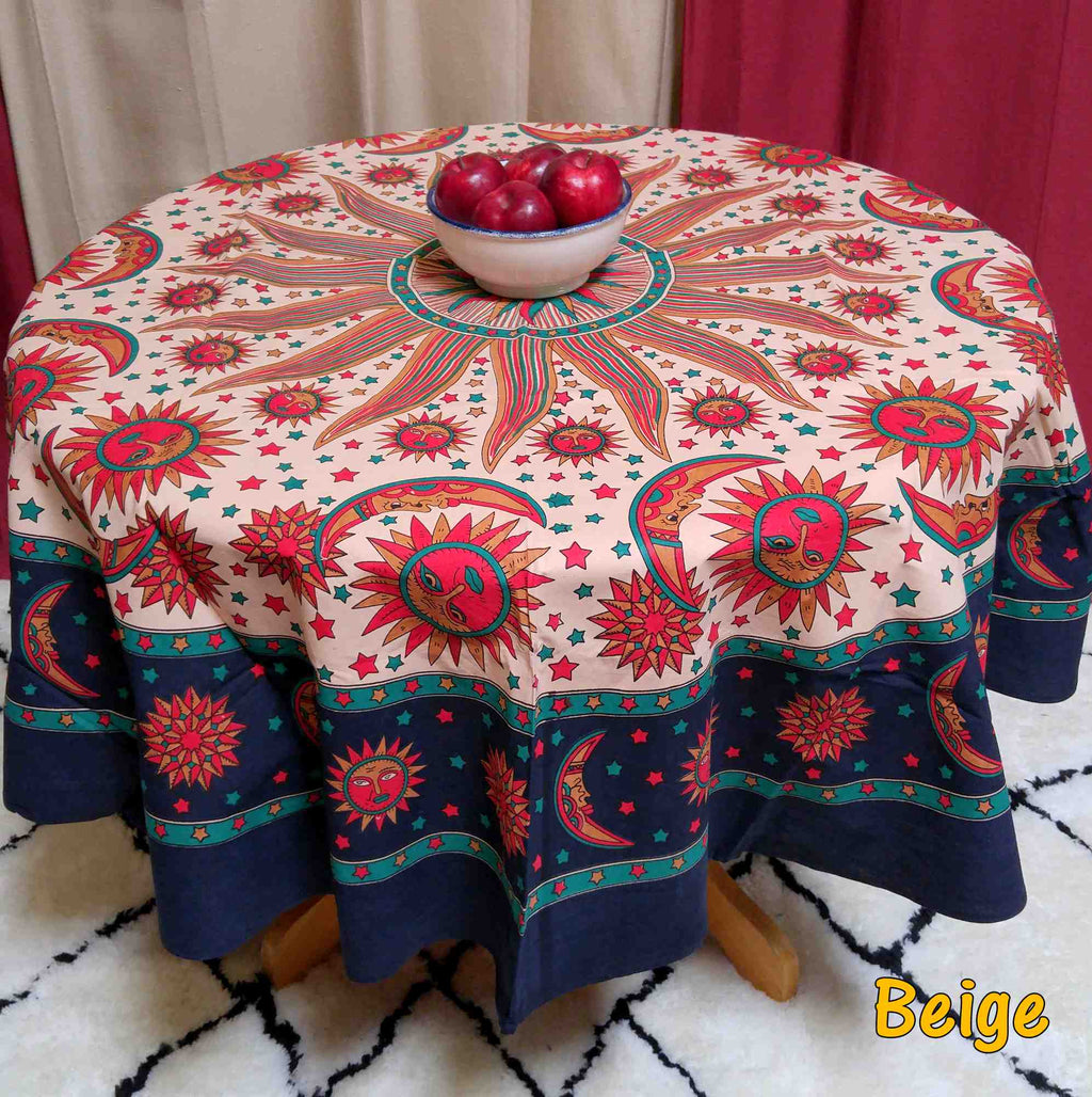 Cotton Celestial Sun Moon Star Print Tablecloth Round 72 Inch Blue Green - Sweet Us