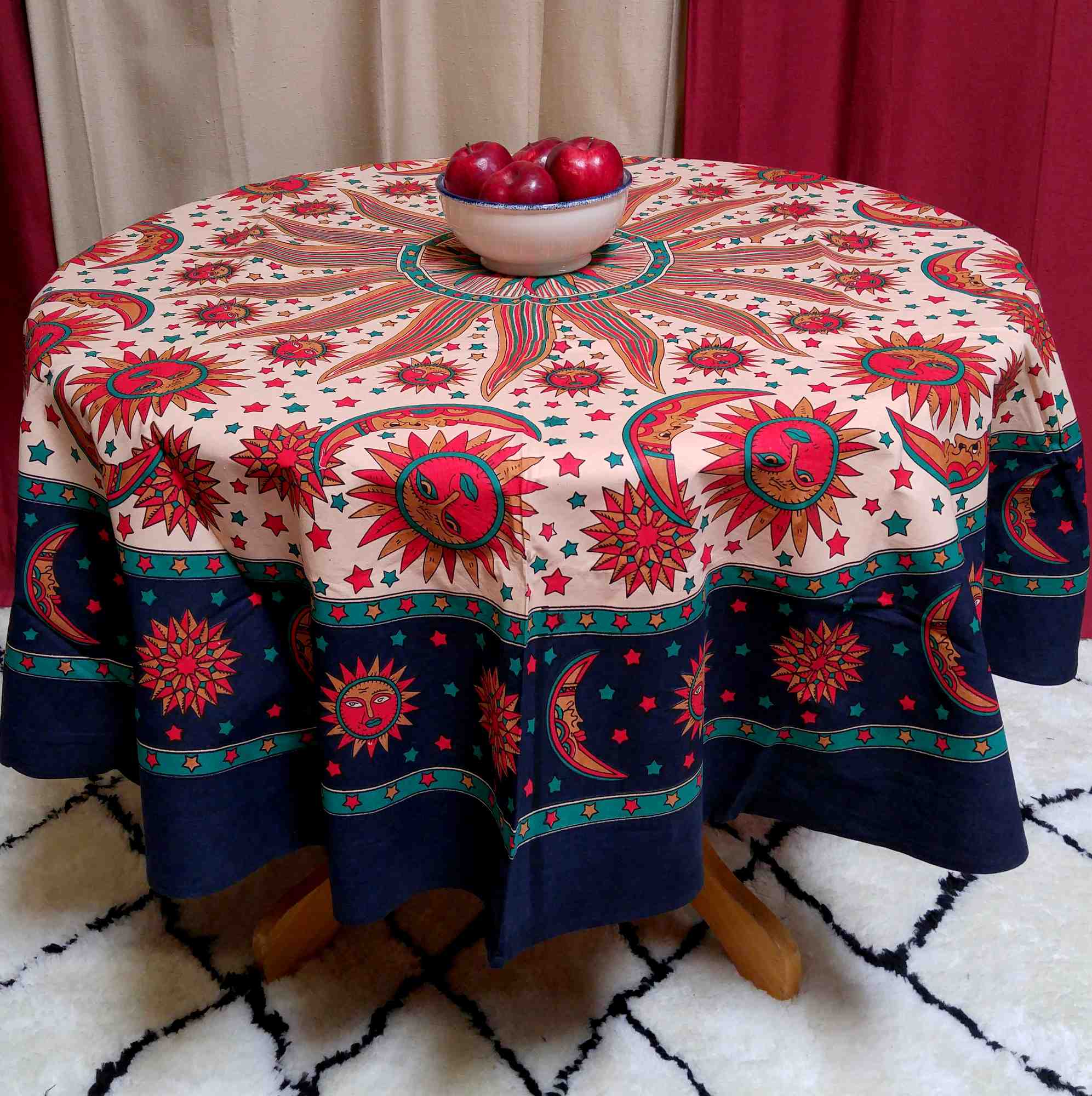Cotton Celestial Sun Moon Star Print Tablecloth Round 72 Inch Blue Green - Sweet Us