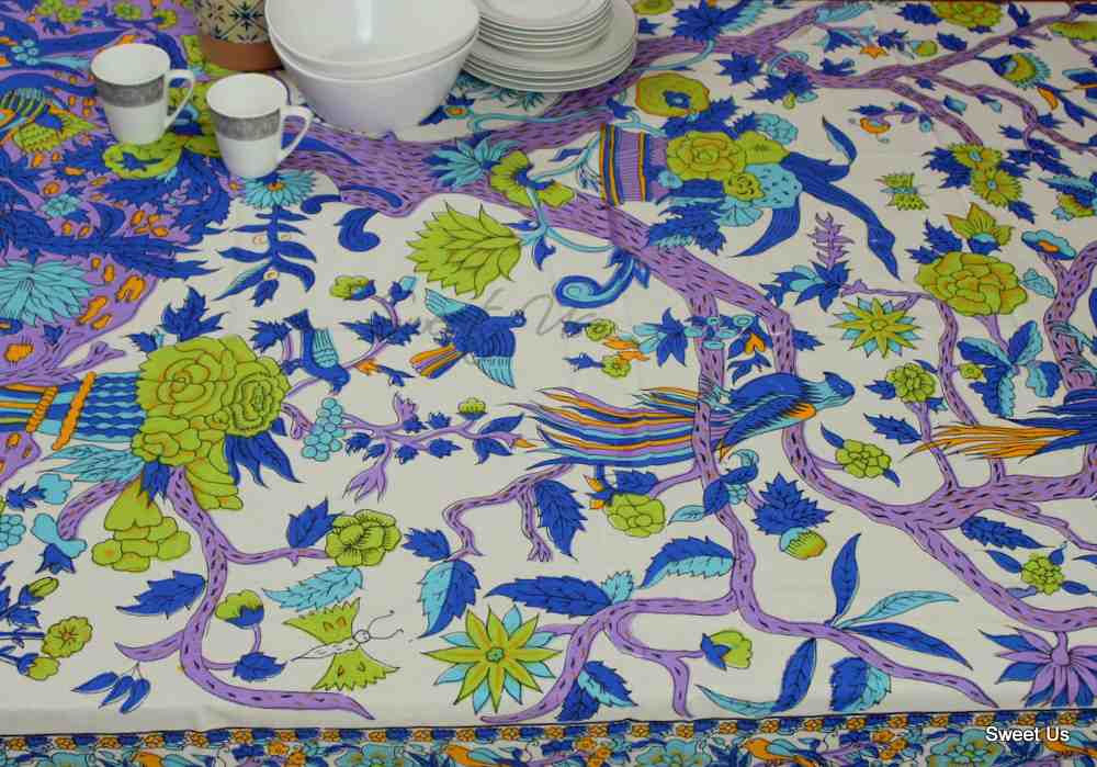 Tree of Life Tablecloth for Square Tables Cotton Floral Kitchen Dining Table Linen
