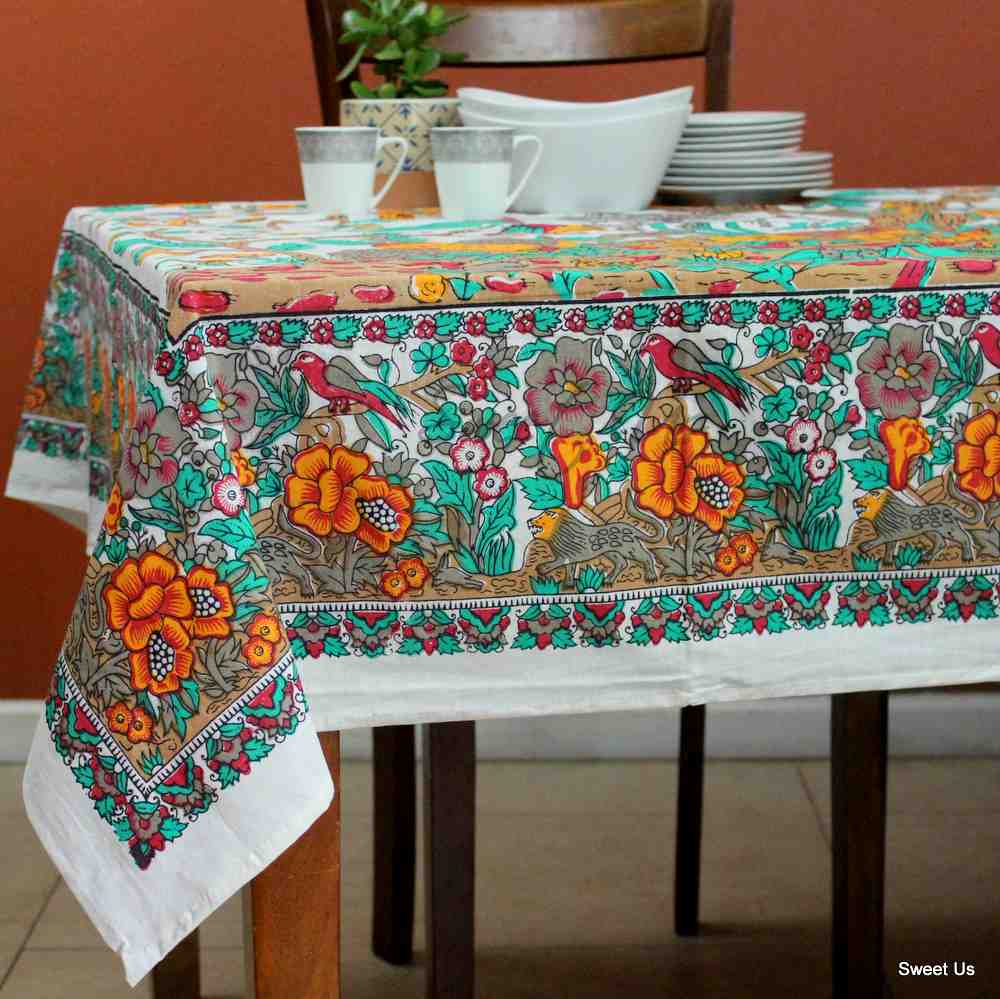 Tree of Life Tablecloth for Square Tables Cotton Floral Kitchen Dining Table Linen