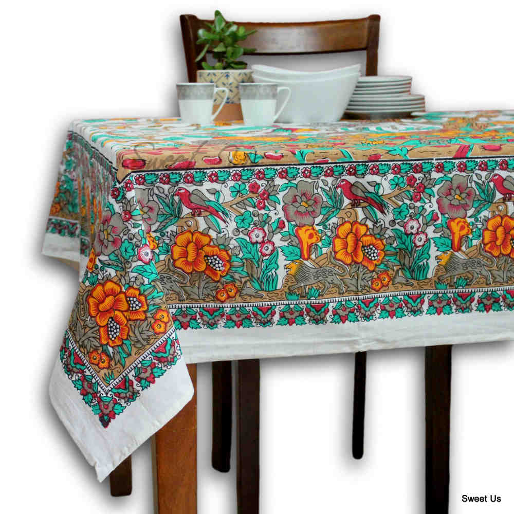 Tree of Life Tablecloth for Square Tables Cotton Floral Kitchen Dining Table Linen