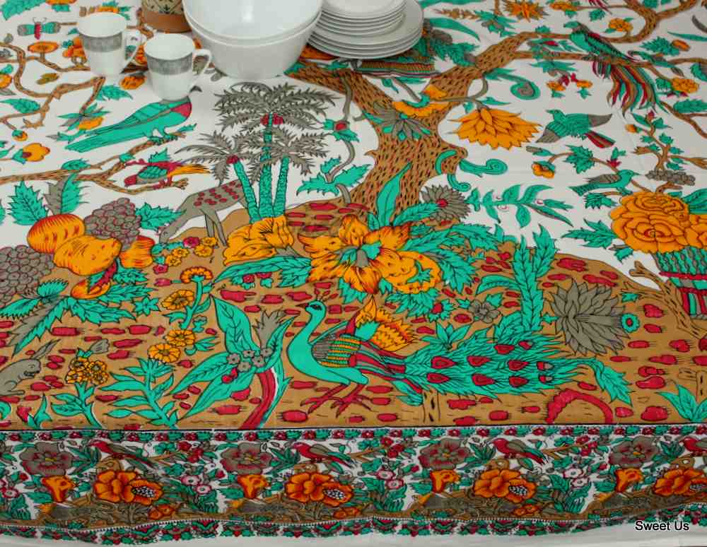 Tree of Life Tablecloth for Square Tables Cotton Floral Kitchen Dining Table Linen