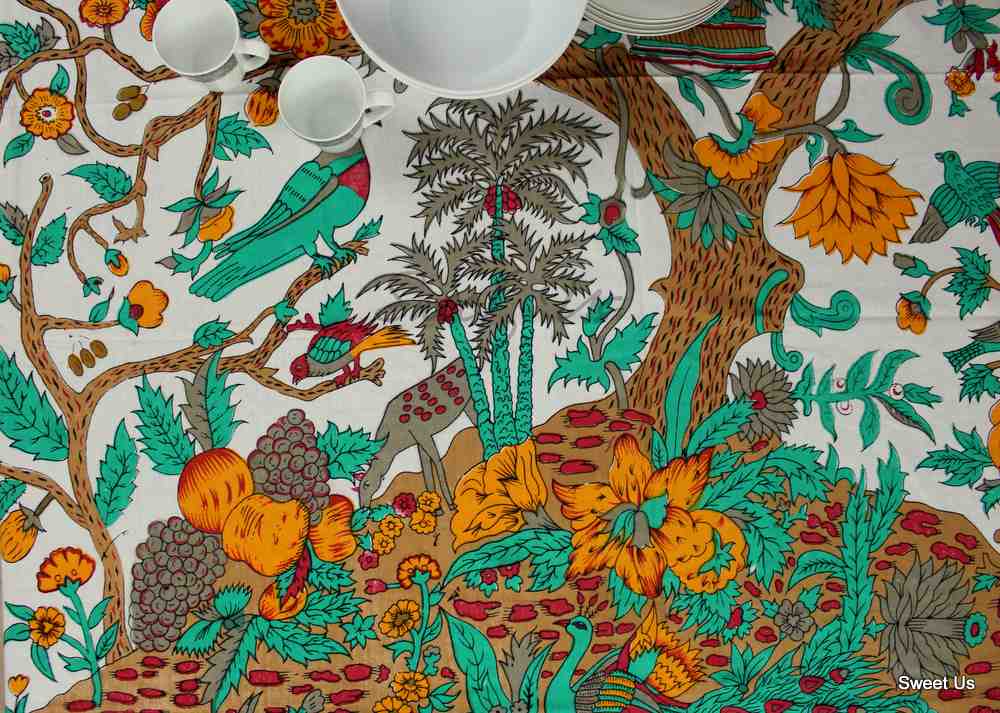 Tree of Life Tablecloth for Square Tables Cotton Floral Kitchen Dining Table Linen