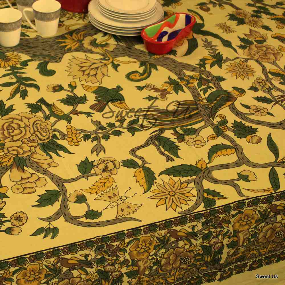 Tree of Life Tablecloth for Square Tables Cotton Floral Kitchen Dining Table Linen