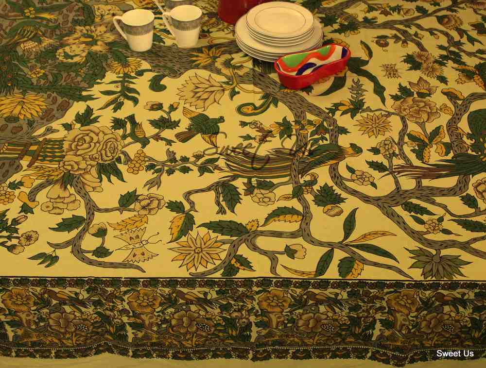 Tree of Life Tablecloth for Square Tables Cotton Floral Kitchen Dining Table Linen