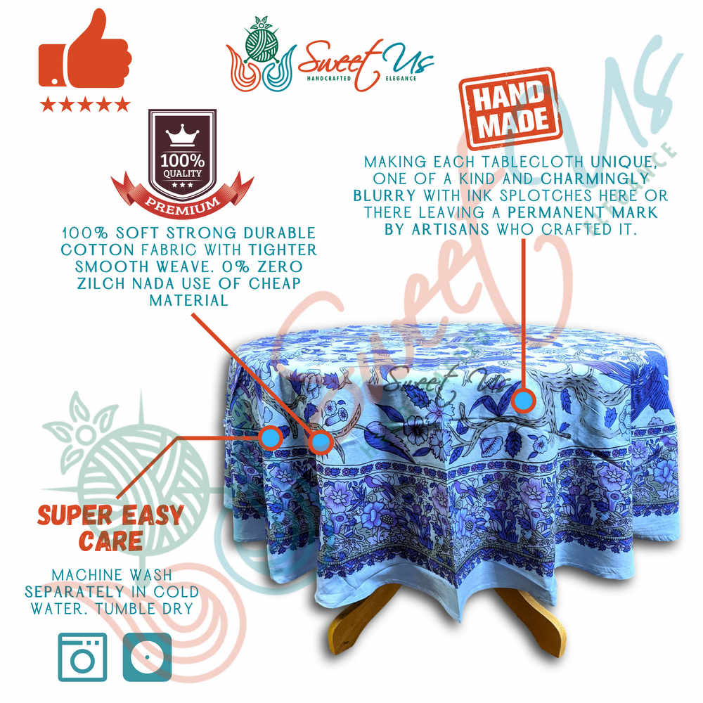 Tree of Life Tablecloth Round Cotton Floral Kitchen Dining Table Linen