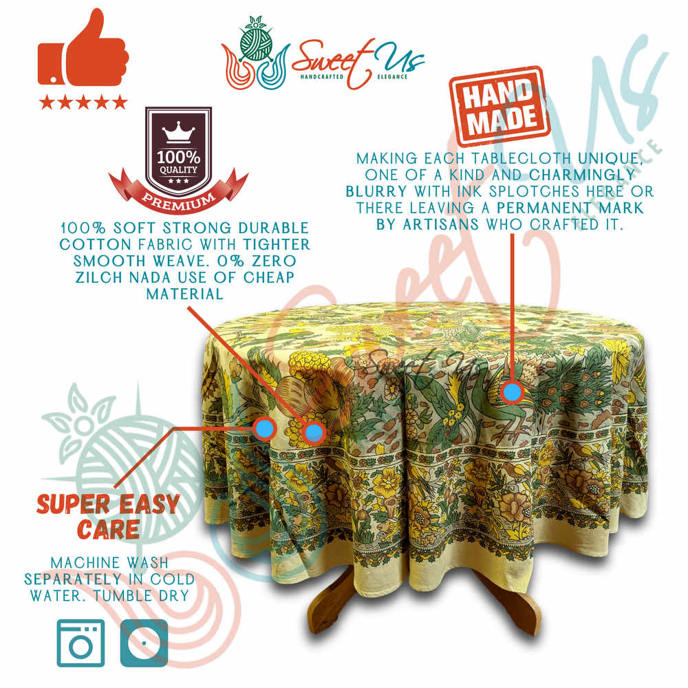 Tree of Life Tablecloth Round Cotton Floral Kitchen Dining Table Linen