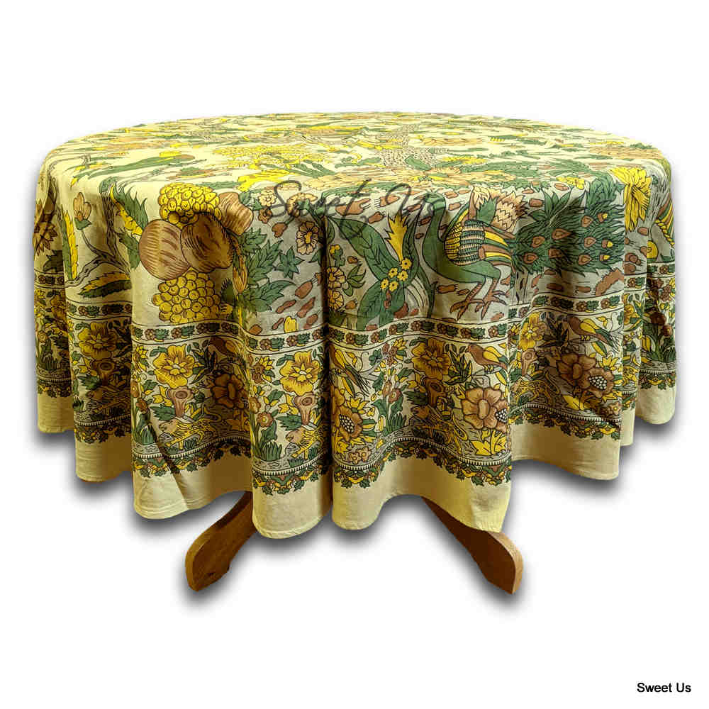 Tree of Life Tablecloth Round Cotton Floral Kitchen Dining Table Linen