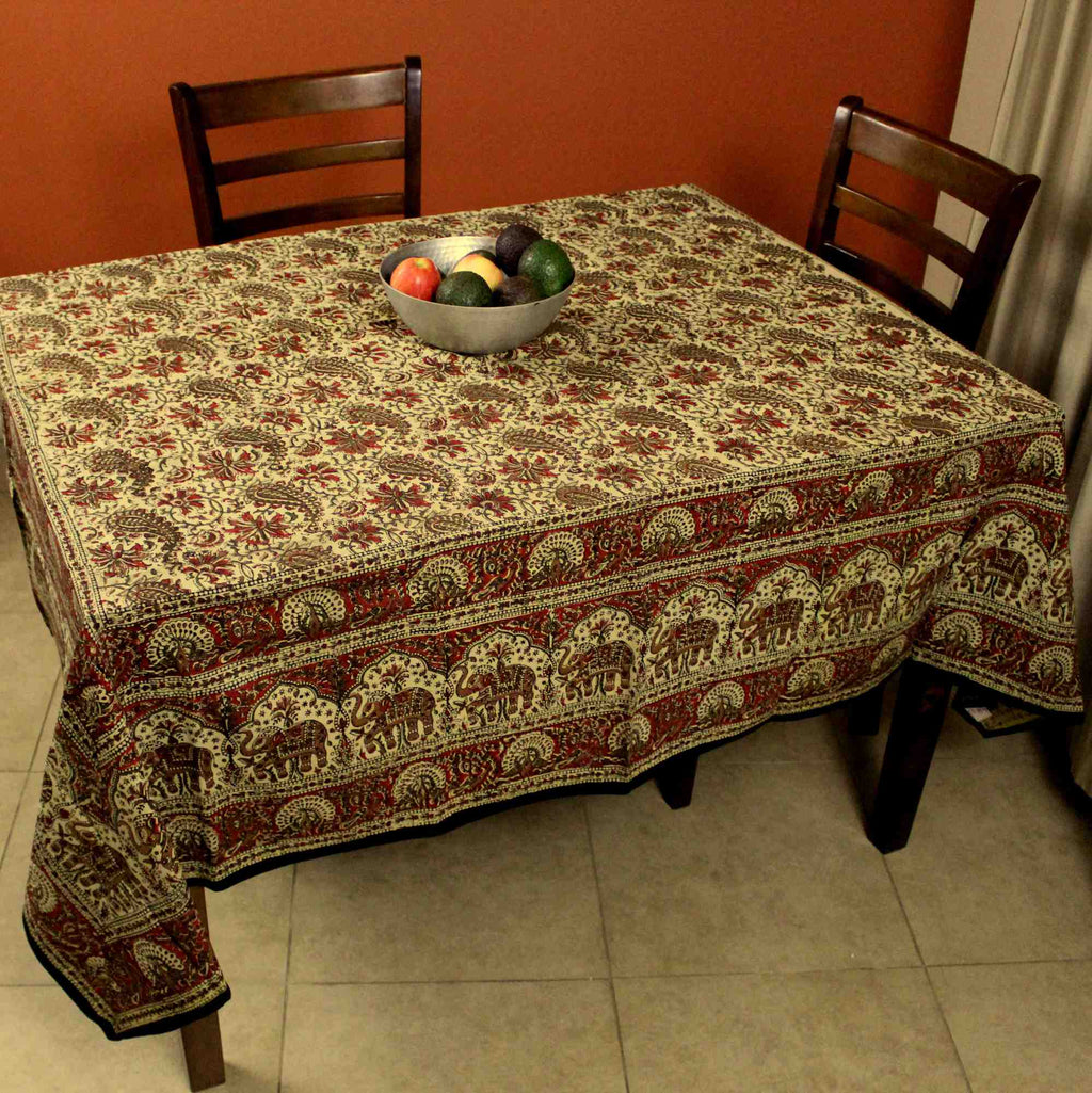 Hand block print Kalamkari Elephant Paisley Floral Square Tablecloth Cotton 78 x 78 inches - Sweet Us