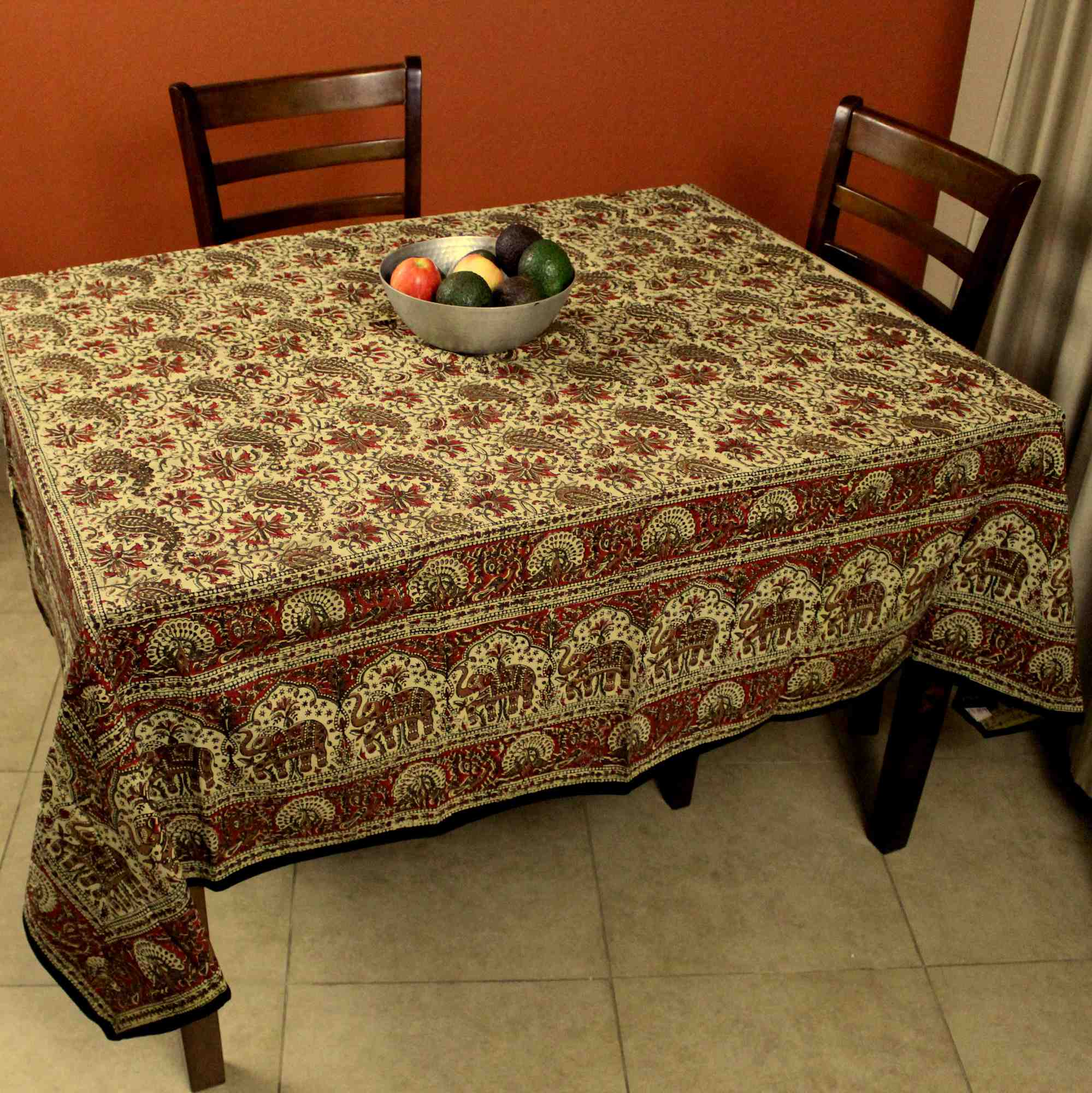 Hand block print Kalamkari Elephant Paisley Floral Square Tablecloth Cotton 78 x 78 inches - Sweet Us