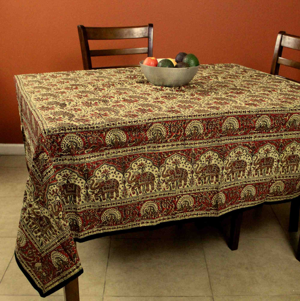 Hand block print Kalamkari Elephant Paisley Floral Square Tablecloth Cotton 78 x 78 inches - Sweet Us
