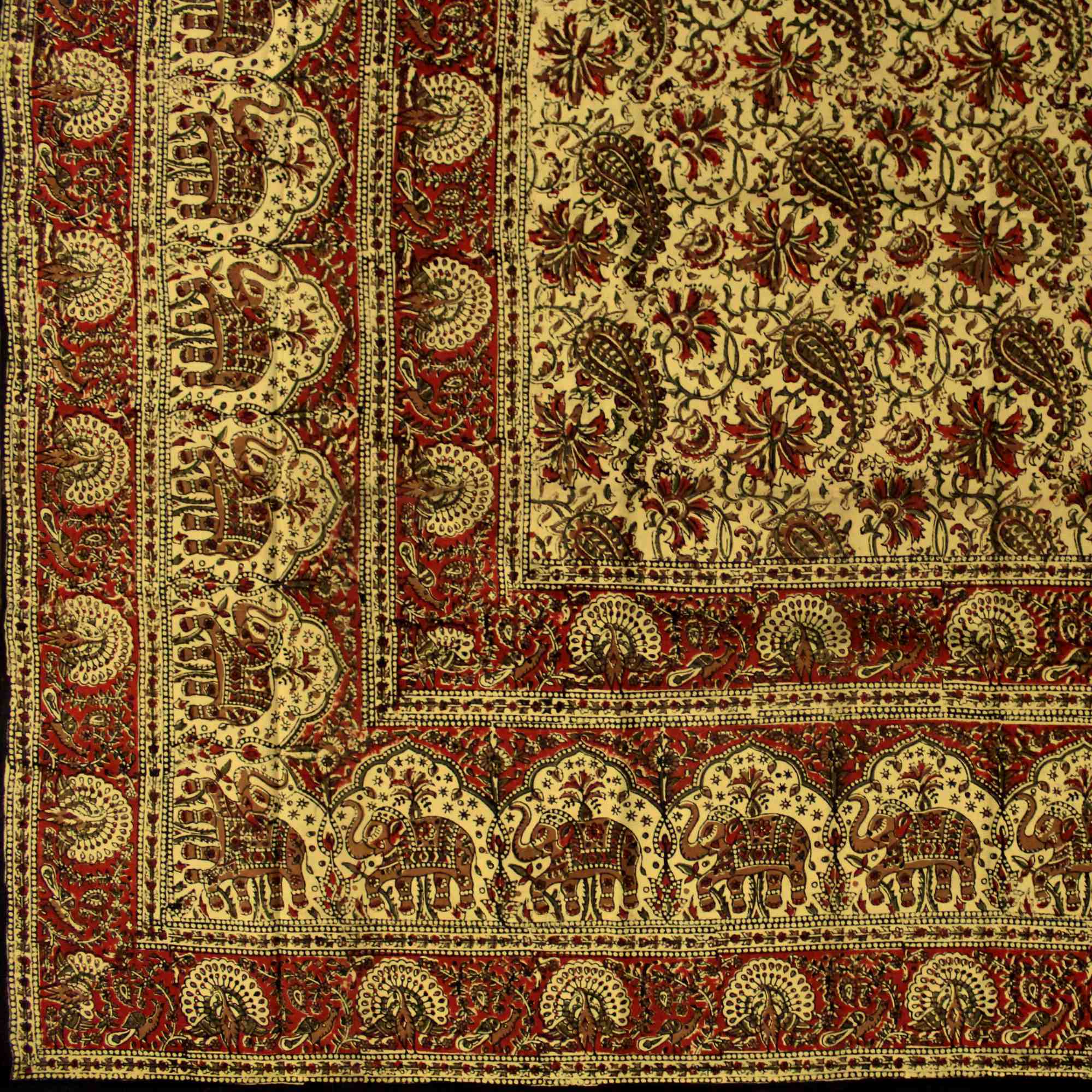 Hand block print Kalamkari Elephant Paisley Floral Square Tablecloth Cotton 78 x 78 inches - Sweet Us