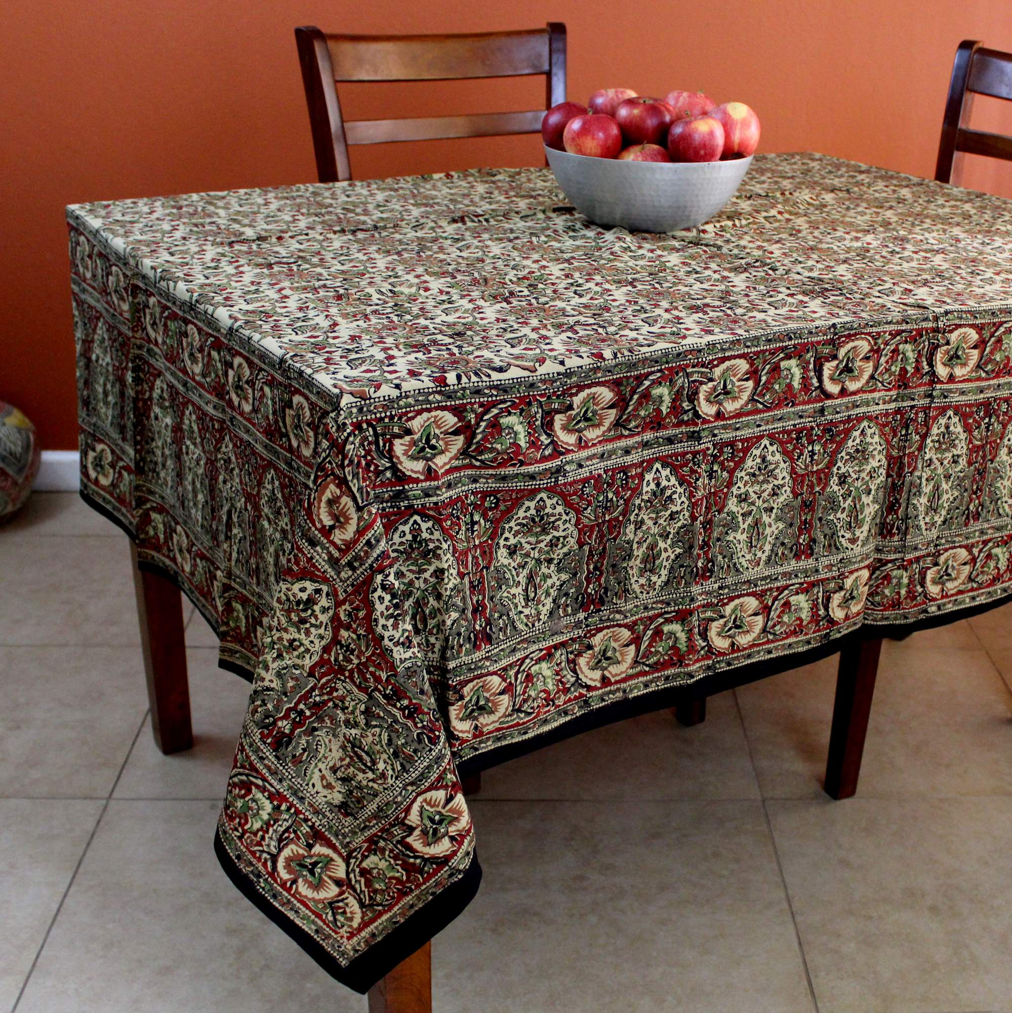 Hand Block Print Cotton Kalamkari Floral Tablecloth Square 78 x 78 inches Red Green - Sweet Us