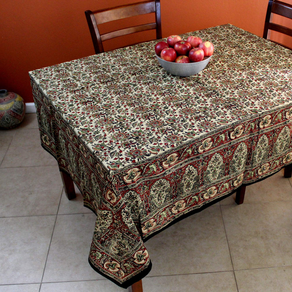 Hand Block Print Cotton Kalamkari Floral Tablecloth Square 78 x 78 inches Red Green - Sweet Us