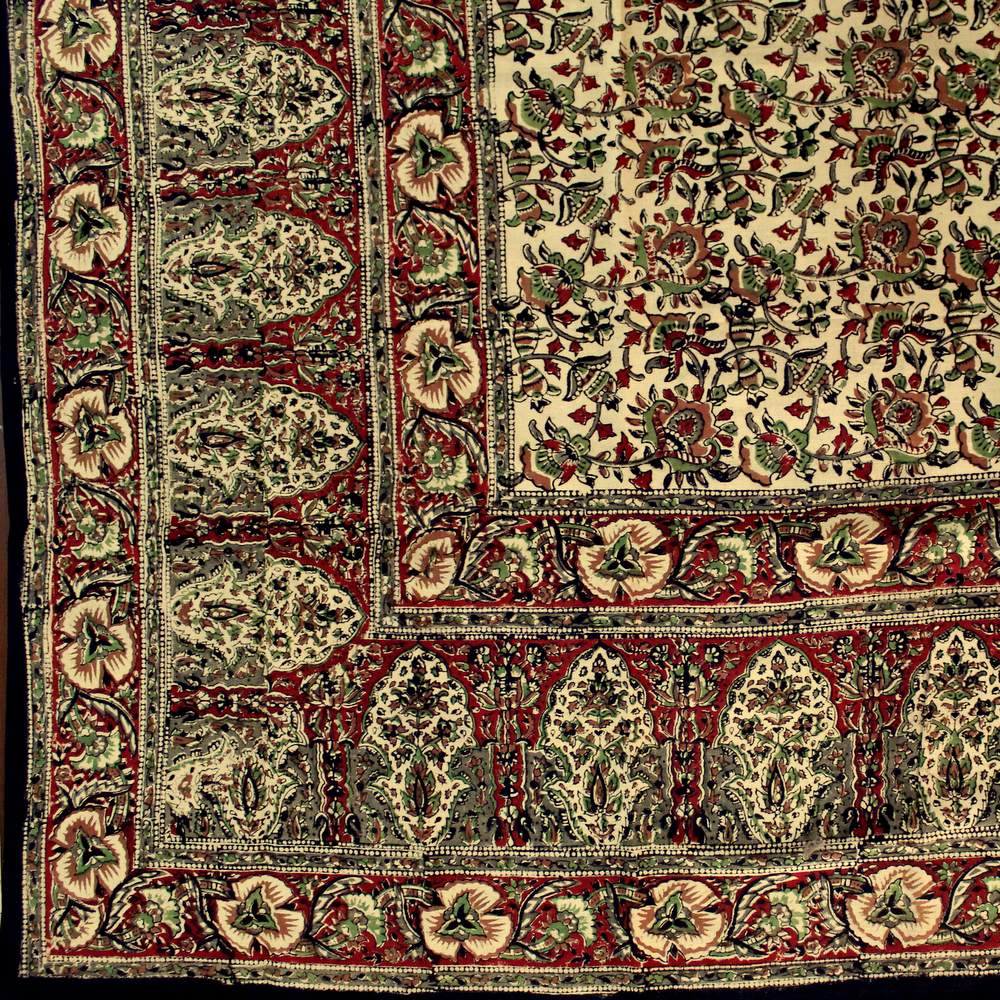 Hand Block Print Cotton Kalamkari Floral Tablecloth Square 78 x 78 inches Red Green - Sweet Us