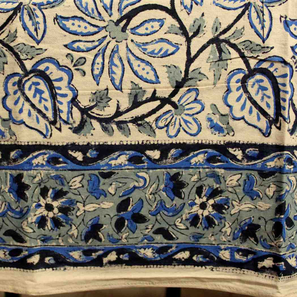 Venetia Block Print Floral Tablecloth Square Nile Blue, Black, Gray, Beige