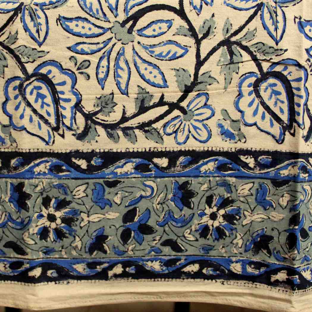 Venetia Block Print Floral Tablecloth Square Nile Blue, Black, Gray, Beige