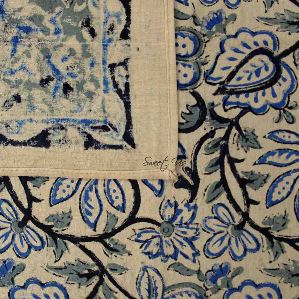 Venetia Block Print Floral Tablecloth Square Nile Blue, Black, Gray, Beige