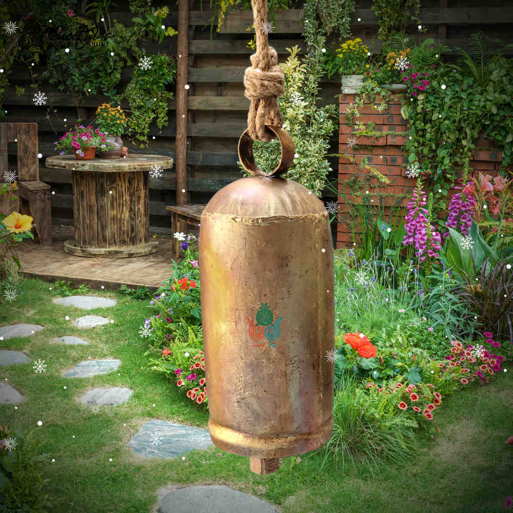 Vintage Rustic Large Tin Bell with Wooden Striker & Jute Hanger