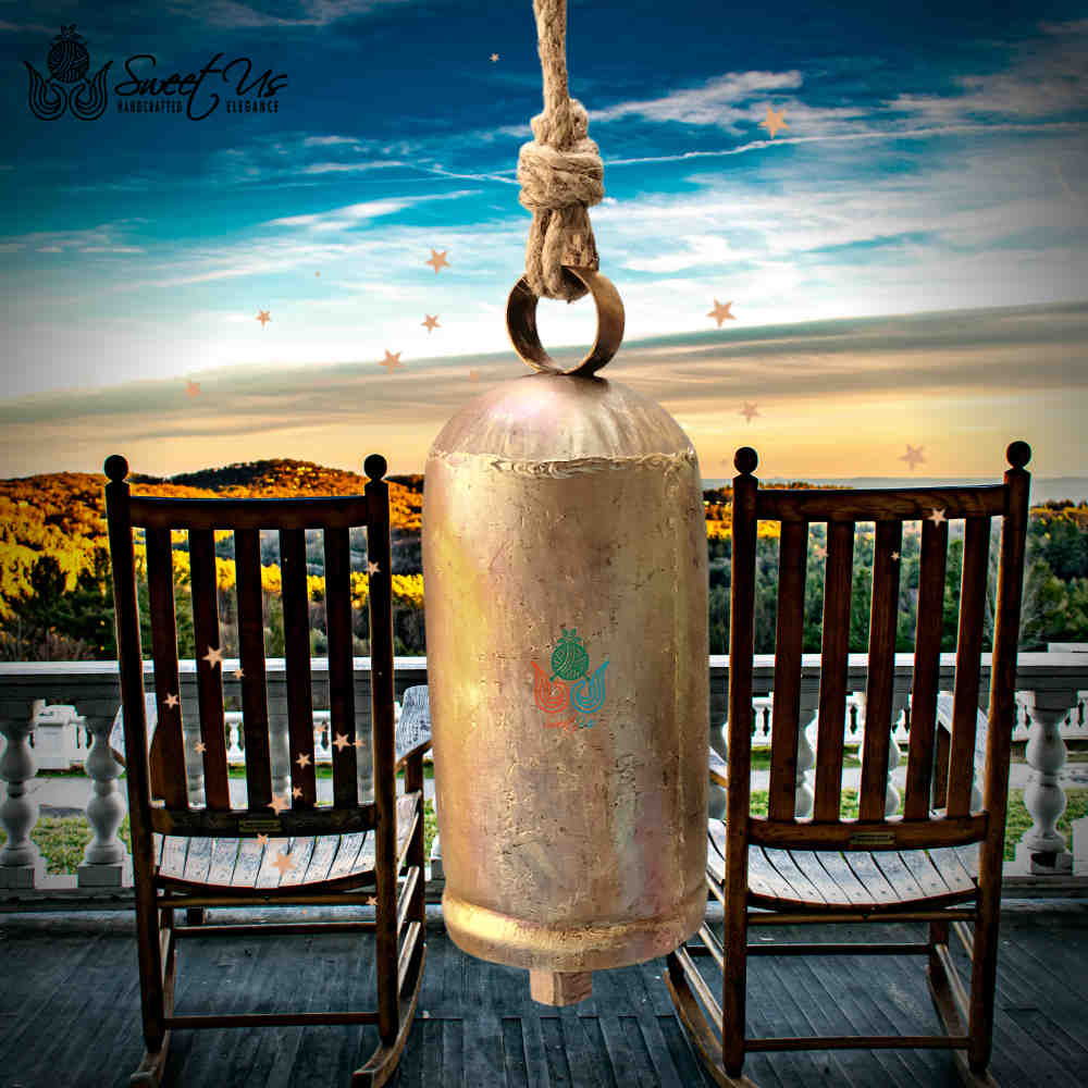 Vintage Rustic Large Tin Bell with Wooden Striker & Jute Hanger